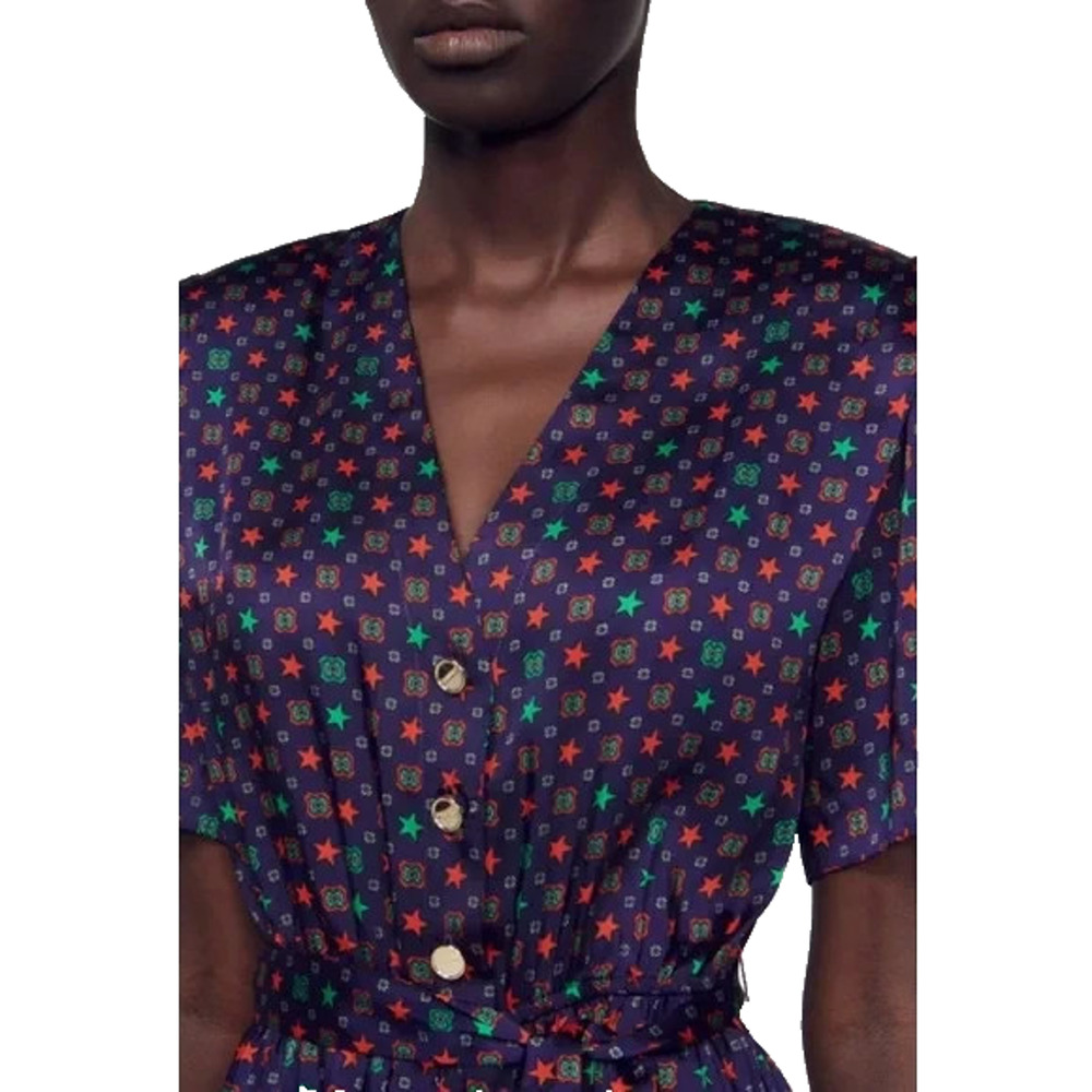 Sandro Curry Satin Romper Purple Star Print Short Sleeve Belt Pleat V Neck 38 - Picture 3 of 14